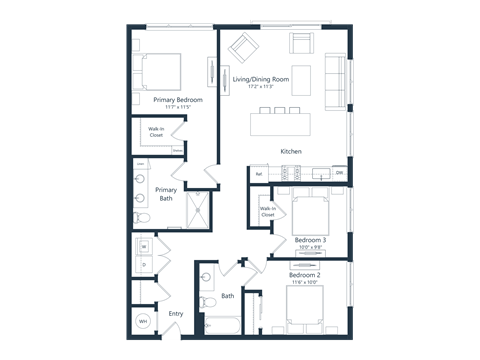 Floor plan for 3 beds, 2 baths, 1261 sqft